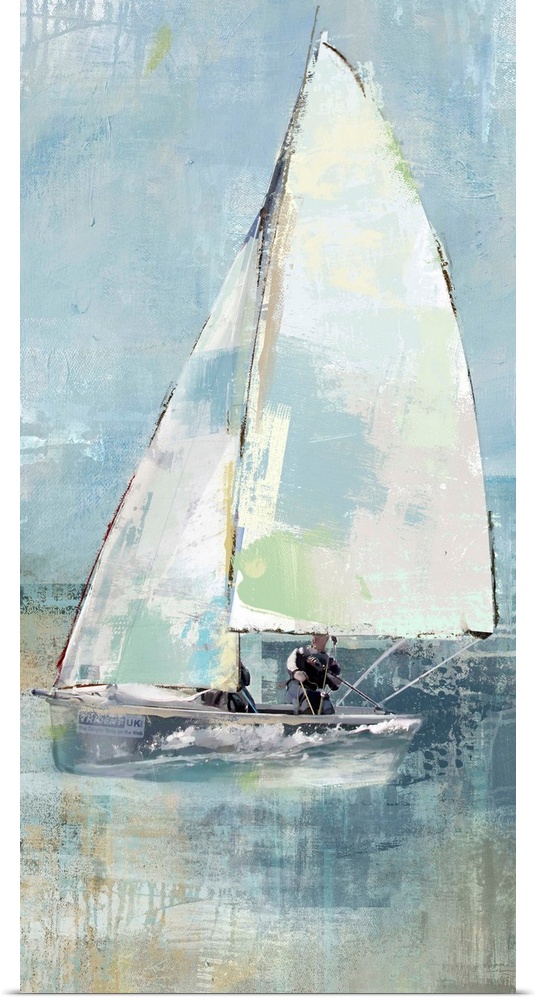 A long vertical painting of sailboats with patches of multiple colors in muted tones.