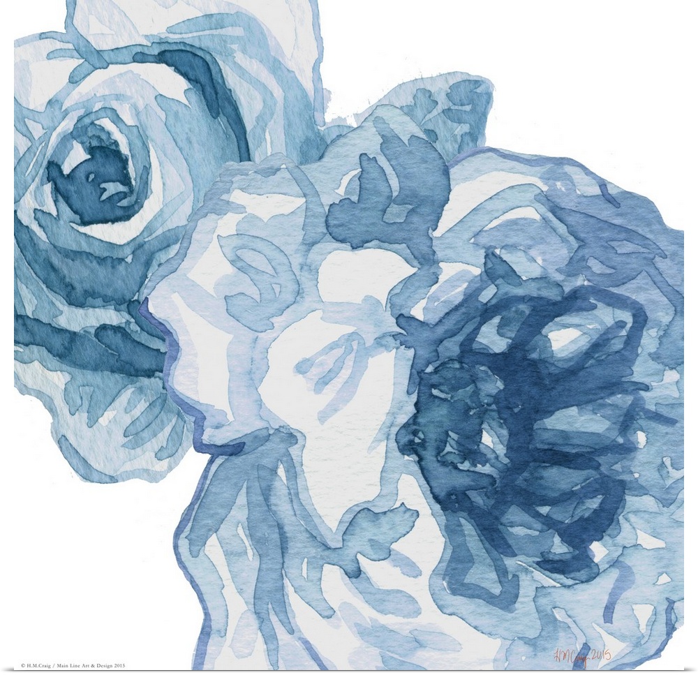 Watercolor painting of two flowers in shades of blue.
