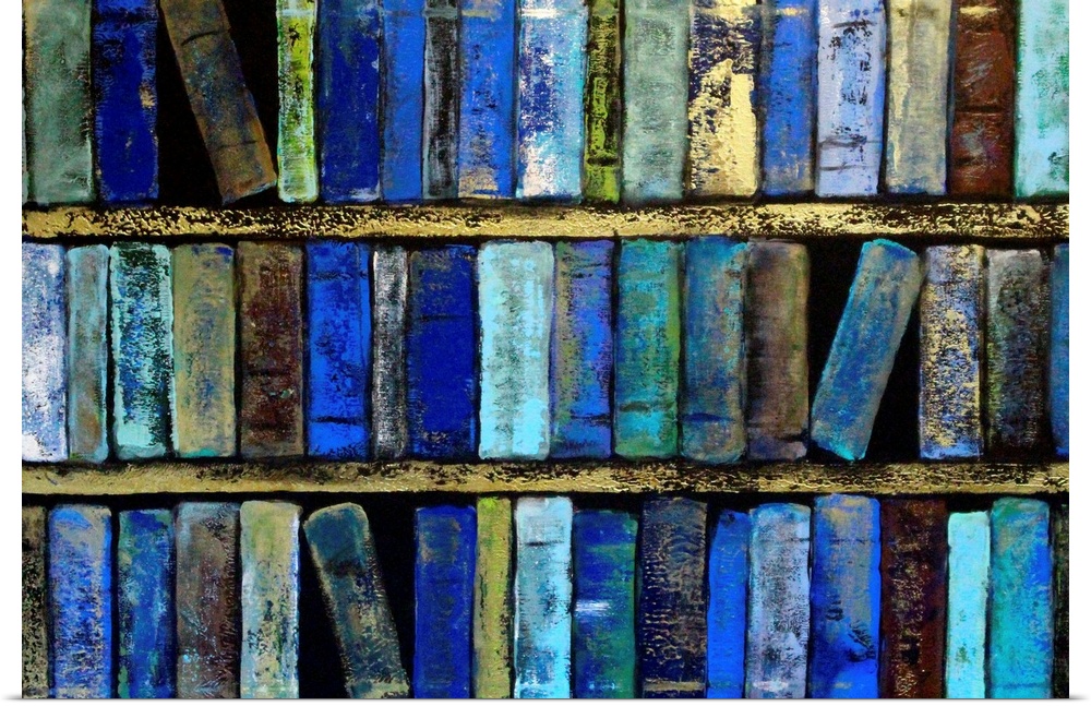 Three shelves of books in varying shades of blue.