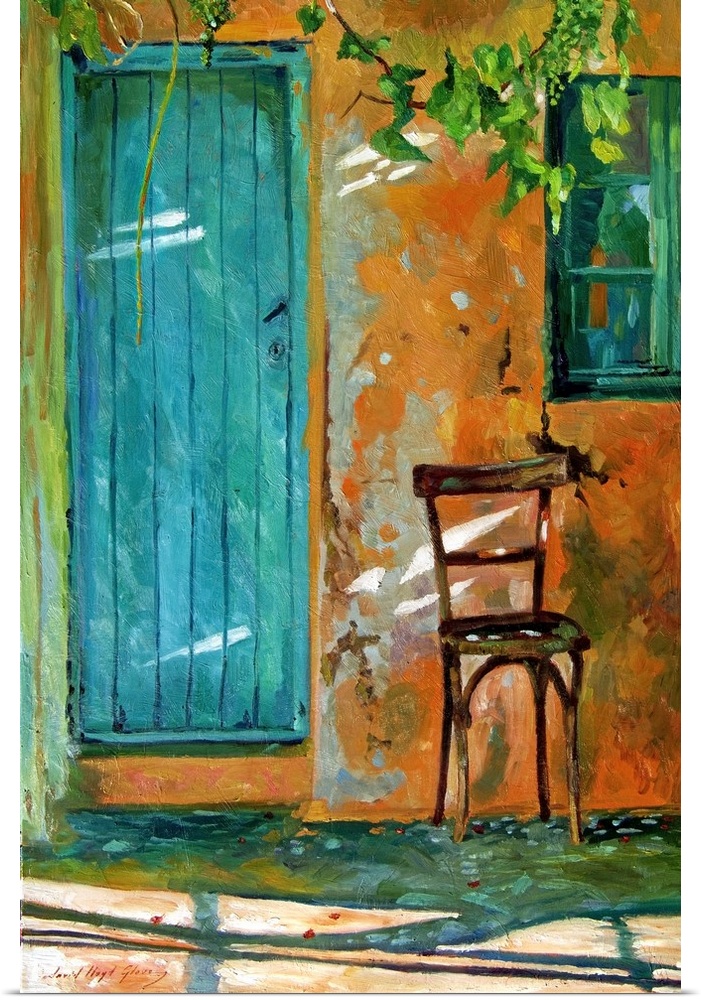 Contemporary artwork of an old chair next to a blue door in Corfu.