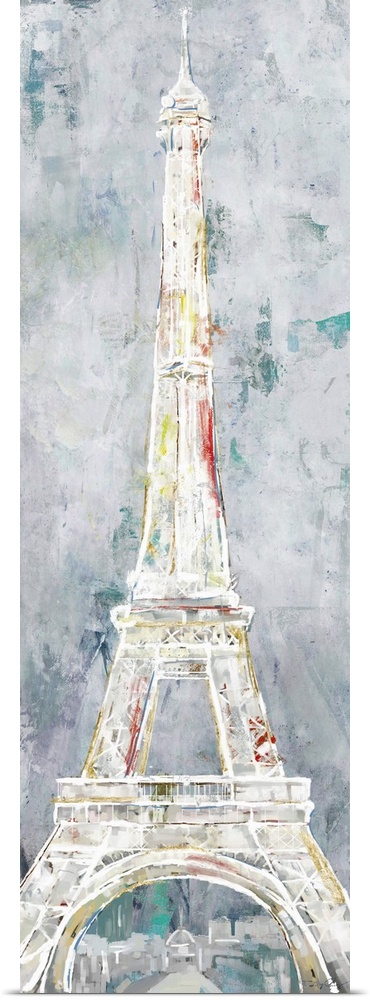 A long vertical painting of the Eiffel Tower in Paris, done in textured muted tones.