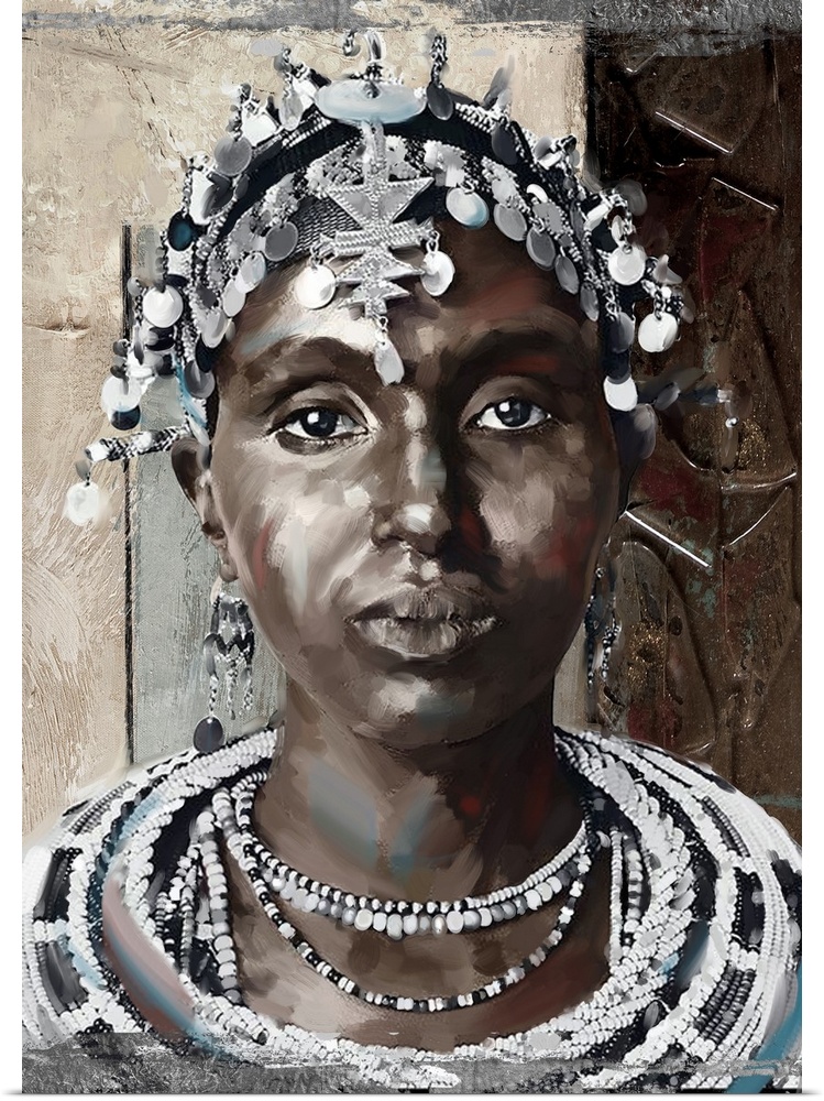 Portrait of a woman wearing elaborate beaded necklace and headdress.