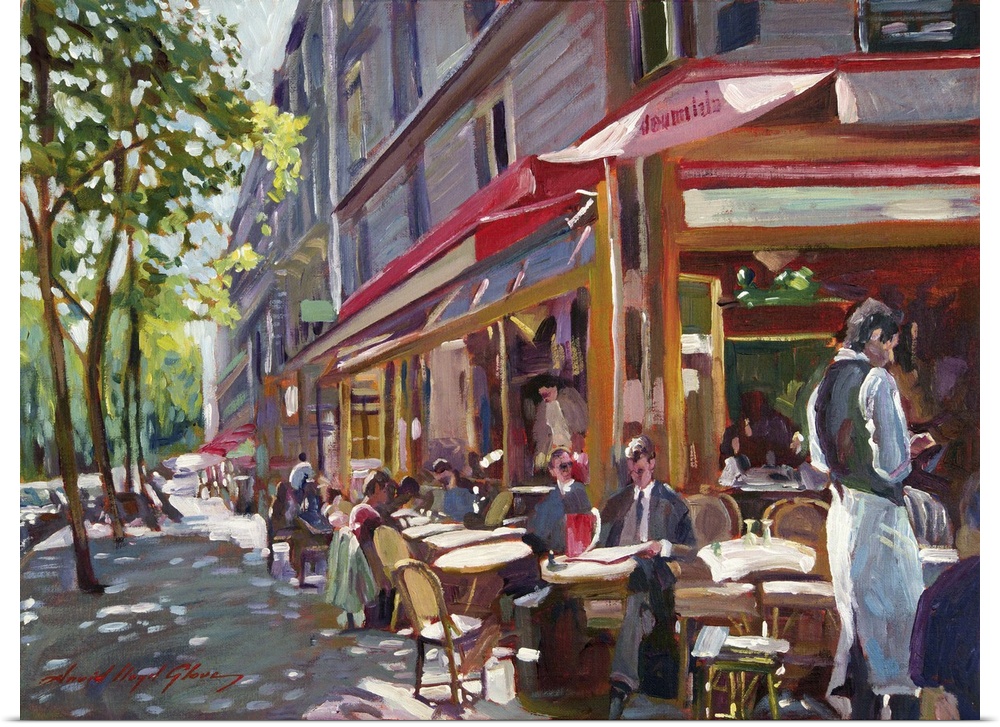 Painting of an outdoor cafe in Paris in the morning sunlight.