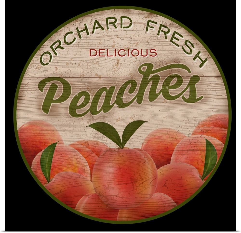 Round wooden sign for fresh peaches.