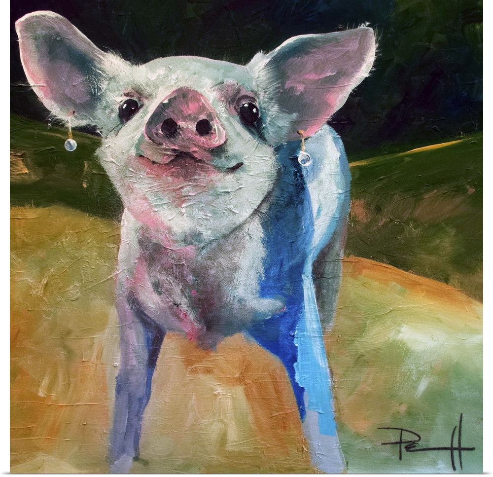 Cute painting of a piglet wearing pearl earrings.