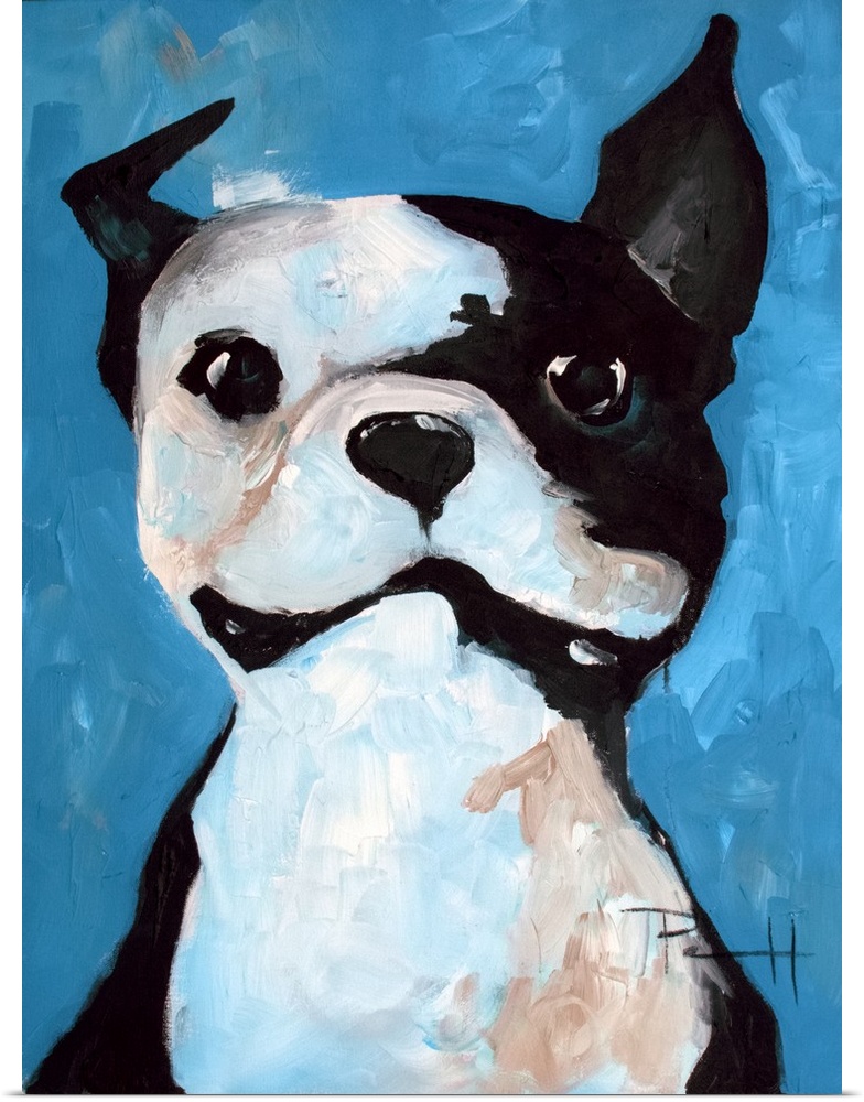 Cute painting of a smiling French bulldog puppy.