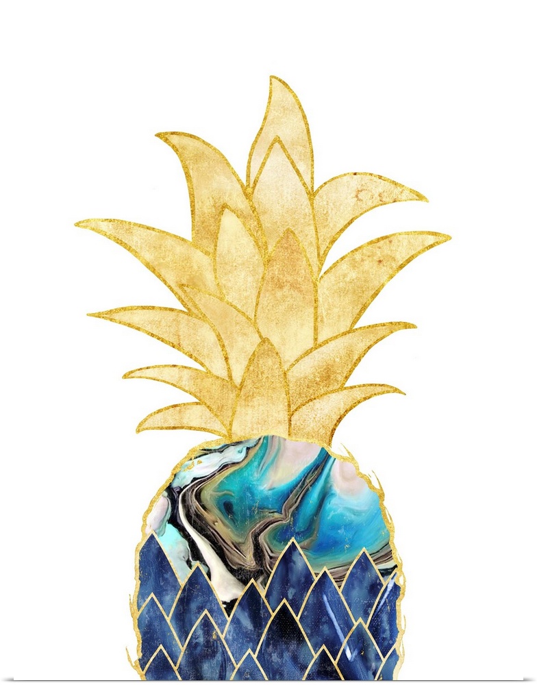 Decorative artwork of a pineapple with a blue marbled effect, outlined in gold with gold leaves, on a white background.