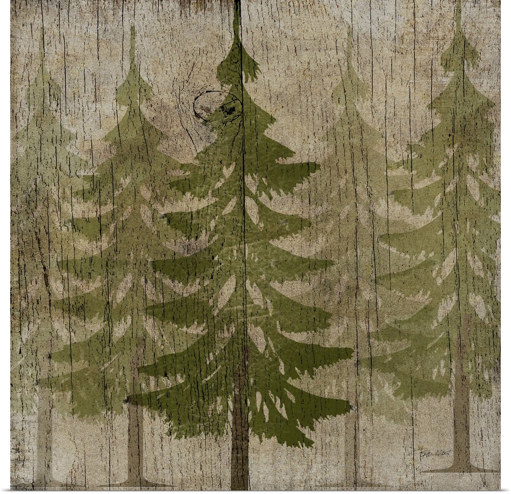 Stylized forest of green pine trees on a faux weathered wooden board.
