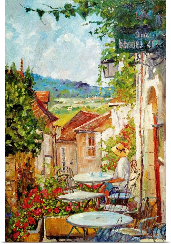 Artwork of a person sitting at an outdoor cafe in the morning in France.