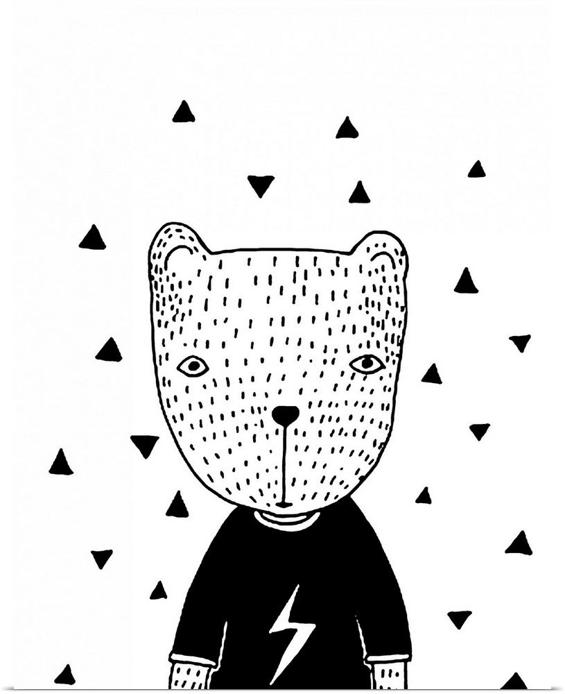 A creative black and white illustration of a bear wearing a sweater with triangle shapes on the white background.