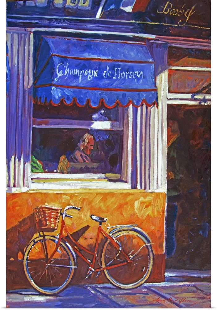 Painting of a red bicycle leaning against the wall of a French bistro.