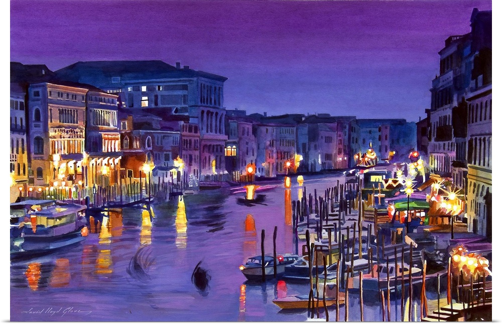Contemporary painting of boats in the Venice canals, illuminated at night.
