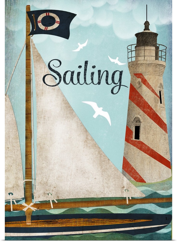 Illustration of a sailboat on the water near a striped lighthouse.