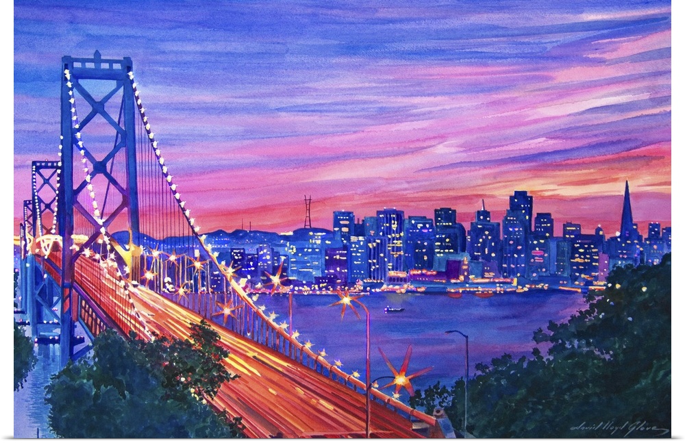 Painting of the San Francisco Bay Bridge at dusk with the city lights in the distance.