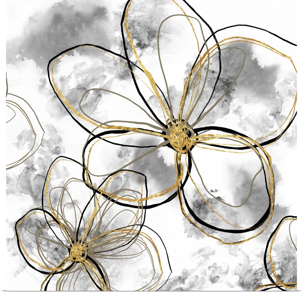 Decorative artwork of outlined flowers in black and gold with gray blurred spots on a white background.