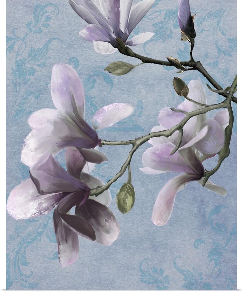 Vertical painting of lavender flowers on a floral blue background with rough strokes applied to the petals.