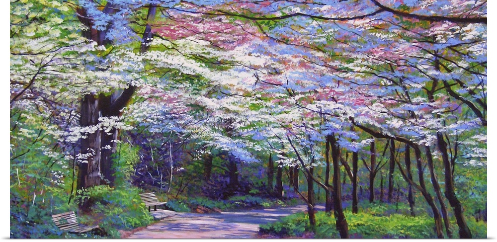Painting of a path full of trees in full bloom with white and pink flowers.