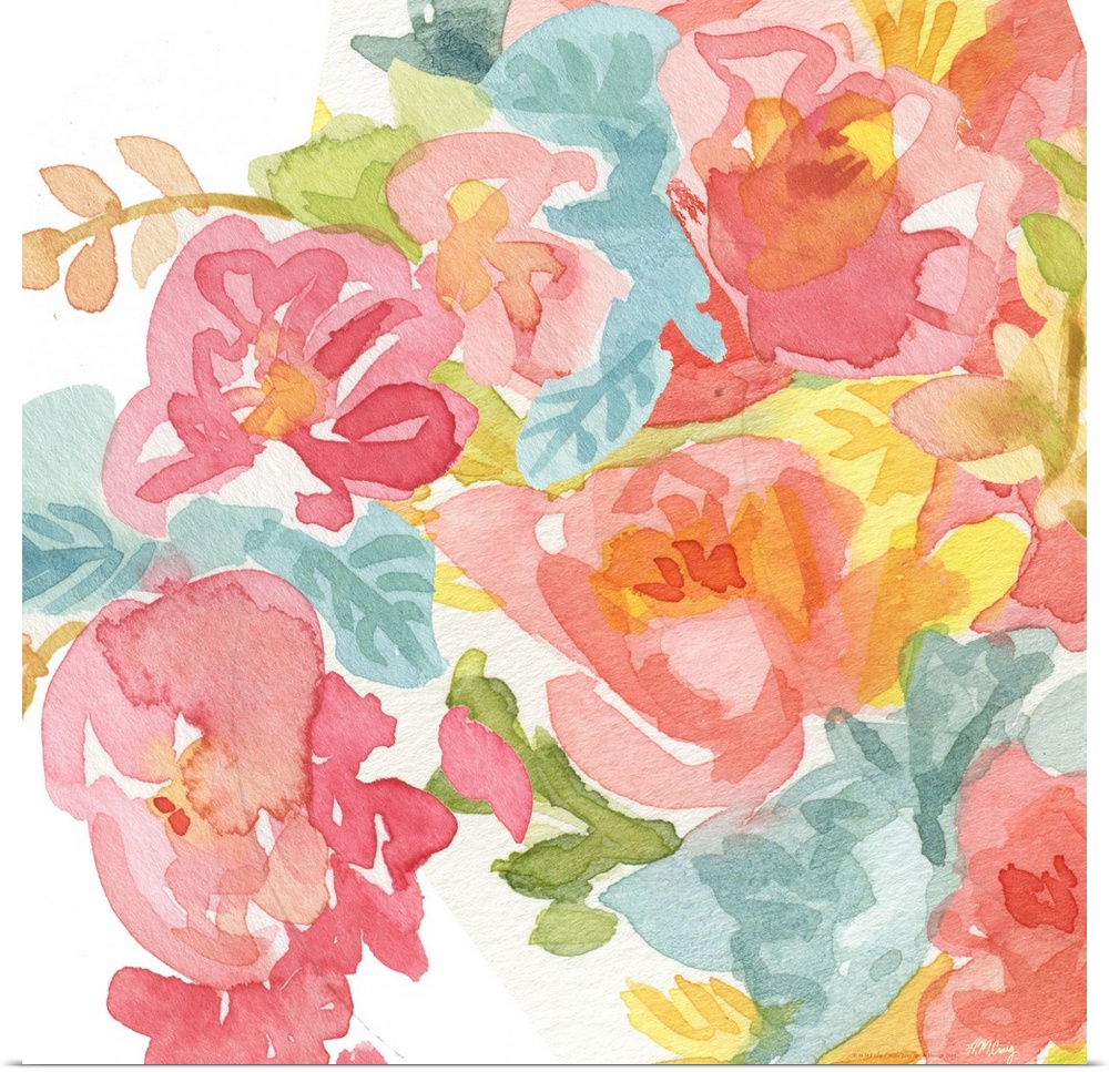 Watercolor flowers in bright pink and yellow.
