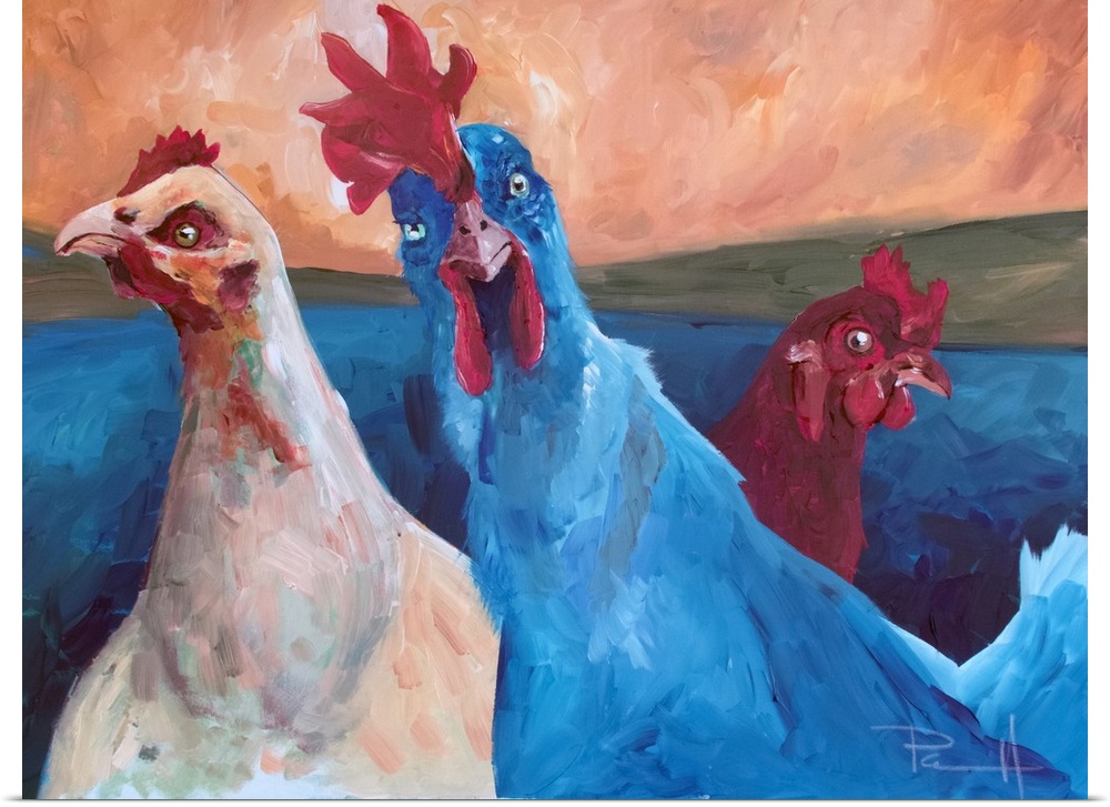 Red, white, and blue chickens.