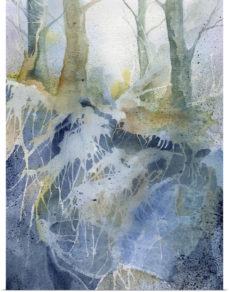 Watercolor painting of a forest in shades of blue and green.