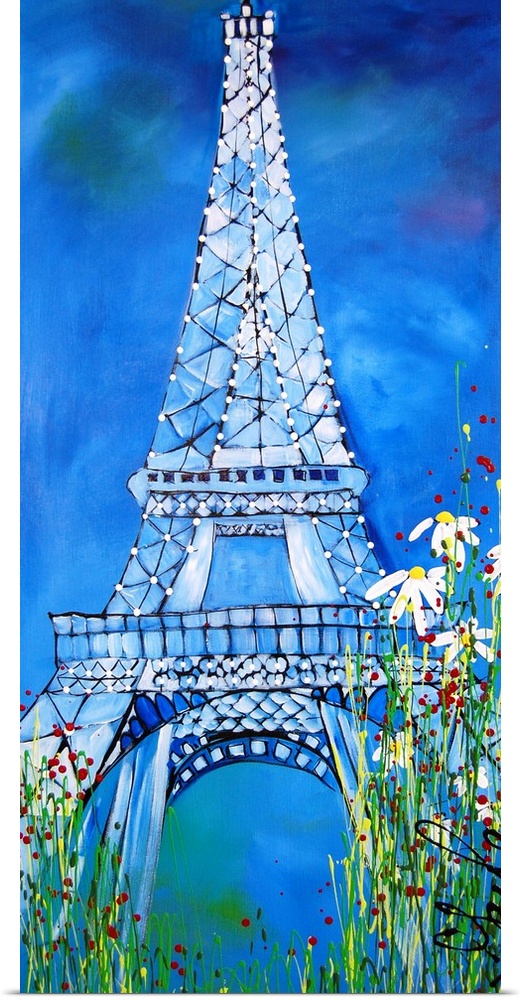 Watercolor painting of the Eiffel Tower, framed by flowers.
