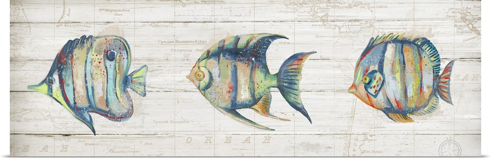 Creative artwork of a row of three colorful fish with red speckled paint, on a faded neutral colored map.