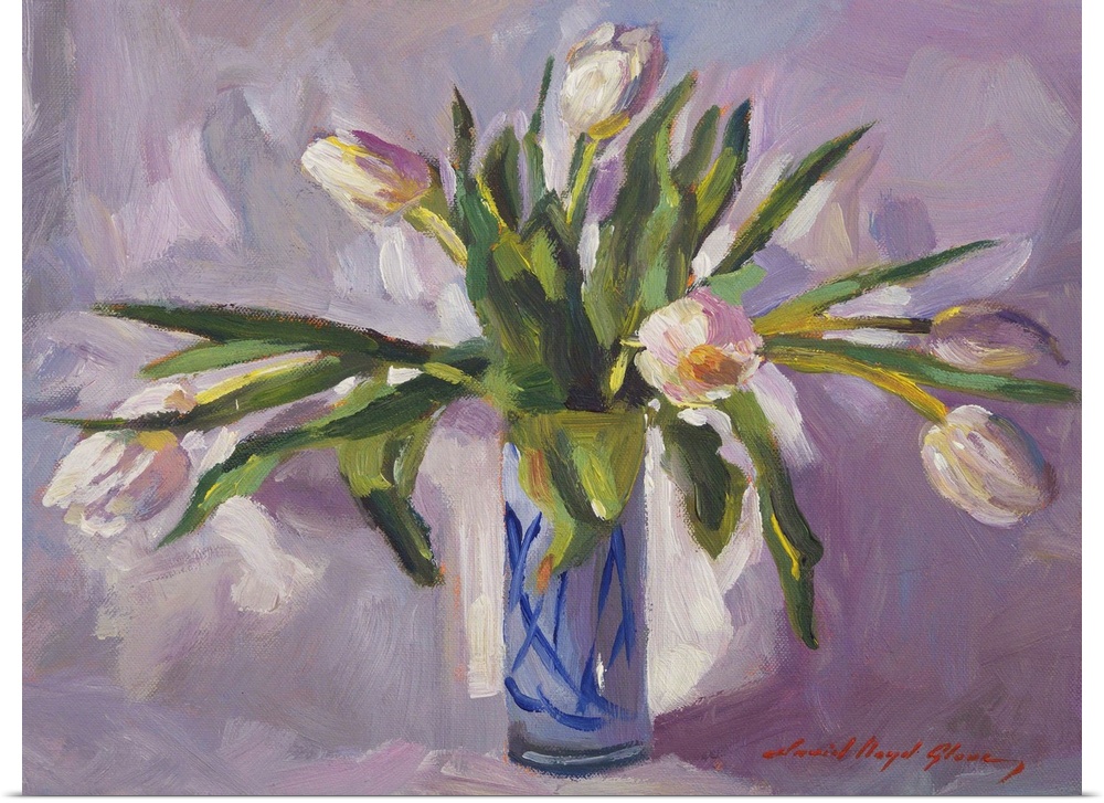 Contemporary painting of a blue vase full of long-stemmed tulips.