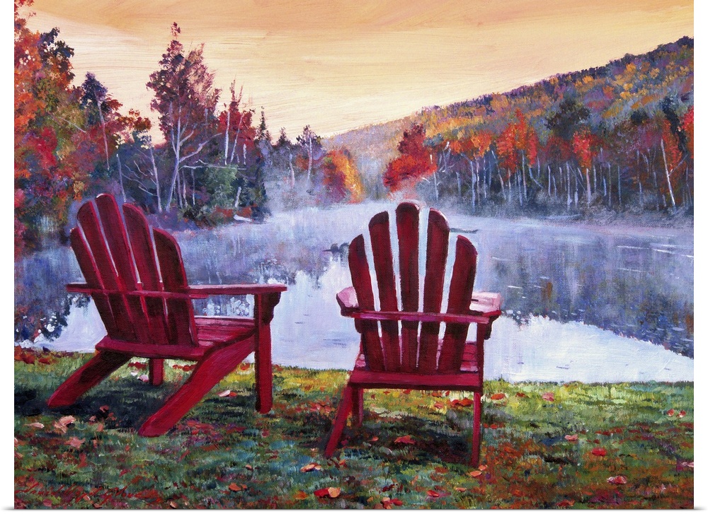 Painting of two red chairs on lakeshore in New England in the fall.