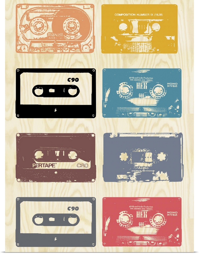Eight cassette tapes in various colors on woodgrain.