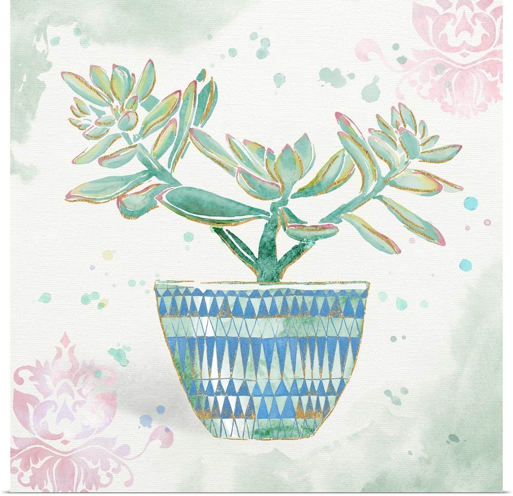 A watercolor painting of a cactus in a colorful patterned flowerpot with gold accents.