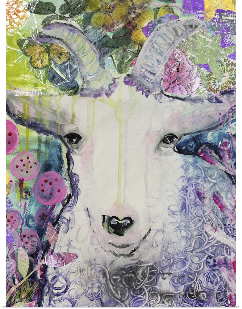 Watercolor portrait of a white goat surrounded by flowers.