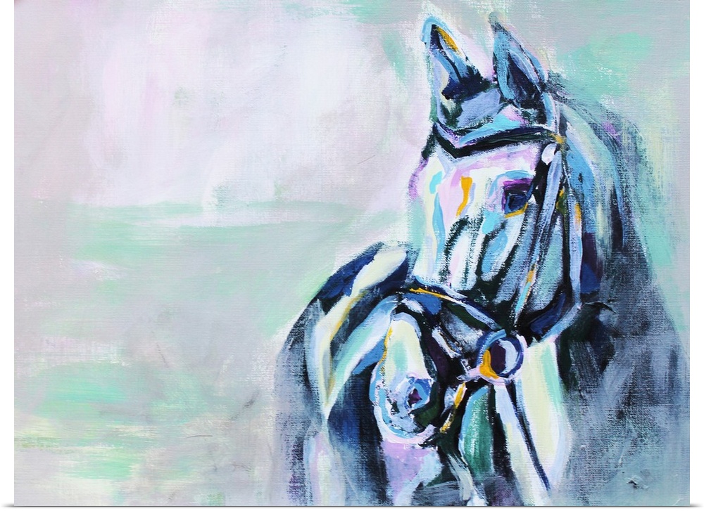 Serene painting of a horse wearing a bridle in shades of blue and sea green.