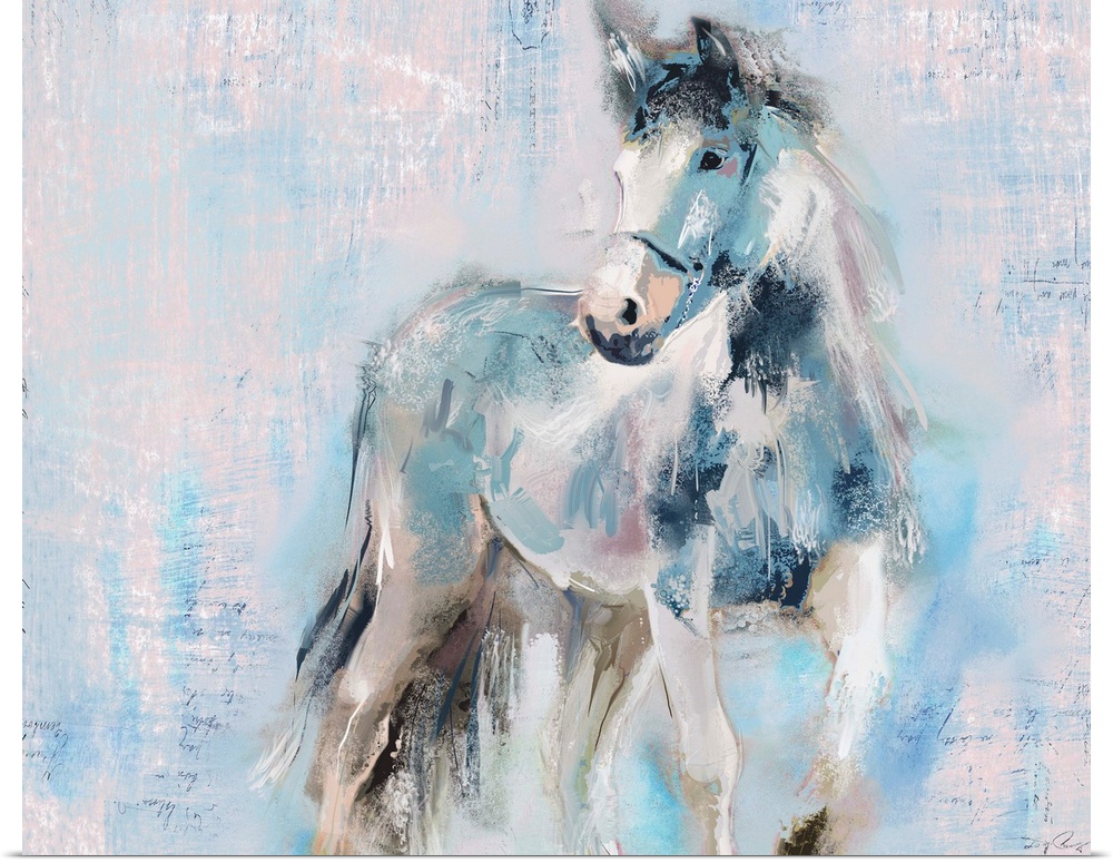 A large painting of a horse done in blue, white and pink hues with a glimpse of small handwritten lettering showing throug...