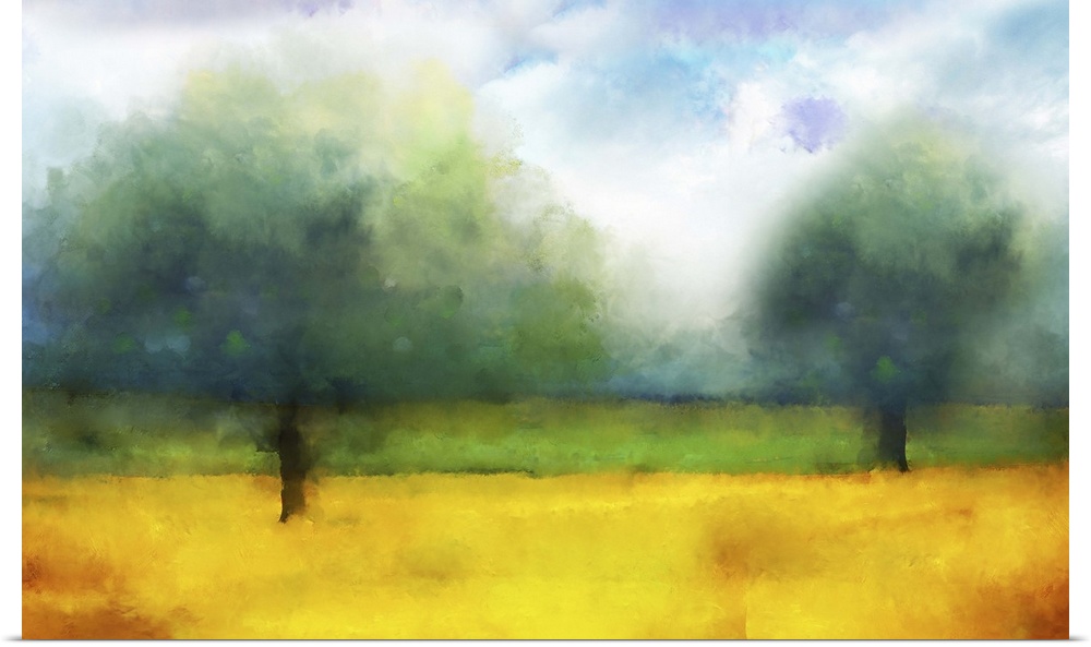 Impressionist style painting of two large trees in a field.
