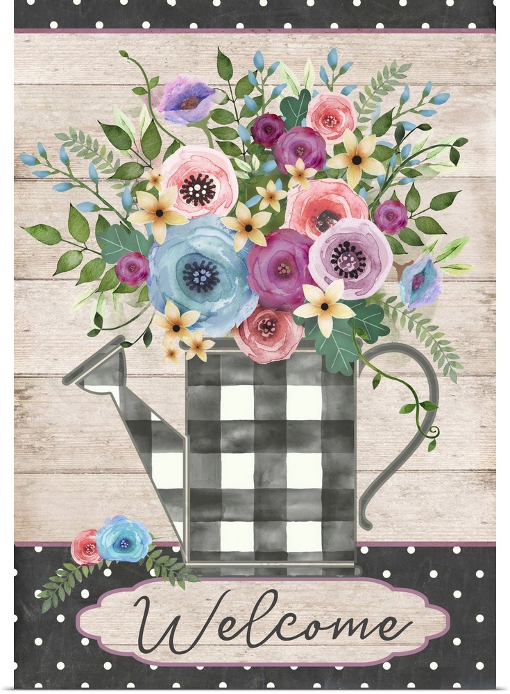 Plaid Watering Can With Flowers