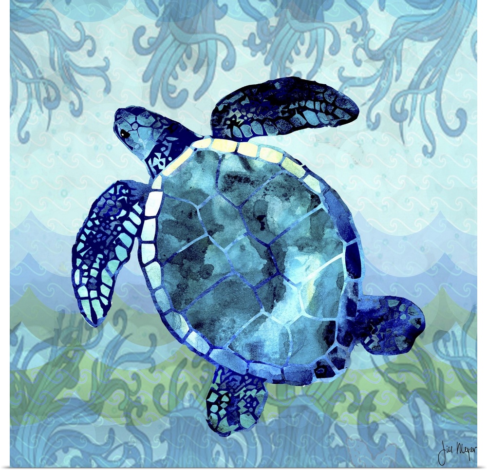 Watercolor sea turtle in shades of blue.