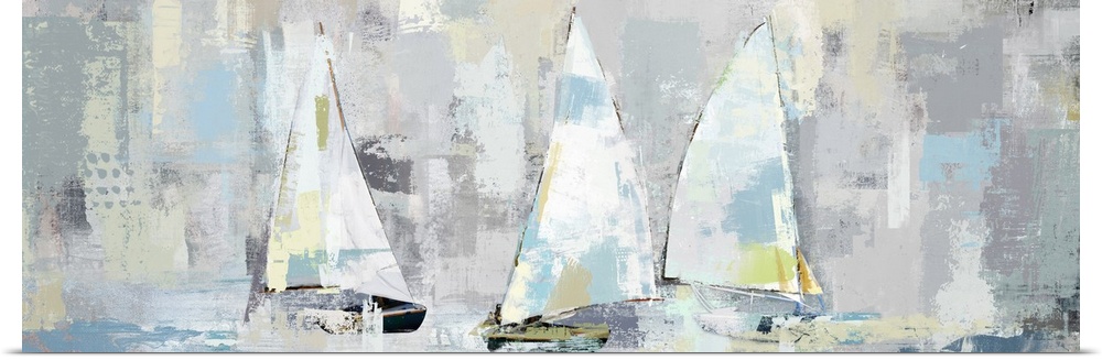 A large panoramic painting of a group of sailboats with muted patches of yellow, blue and gray.