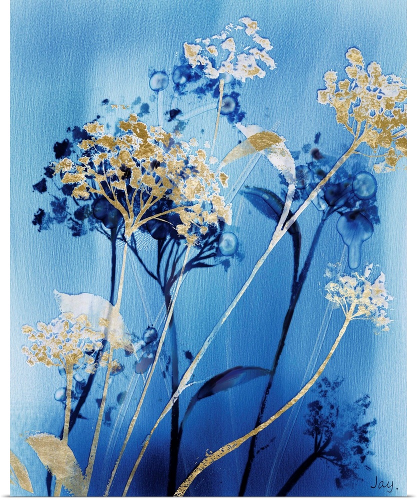 A vertical artistic image of layered wild flowers in blue and metallic gold on fine lined brushed blue.