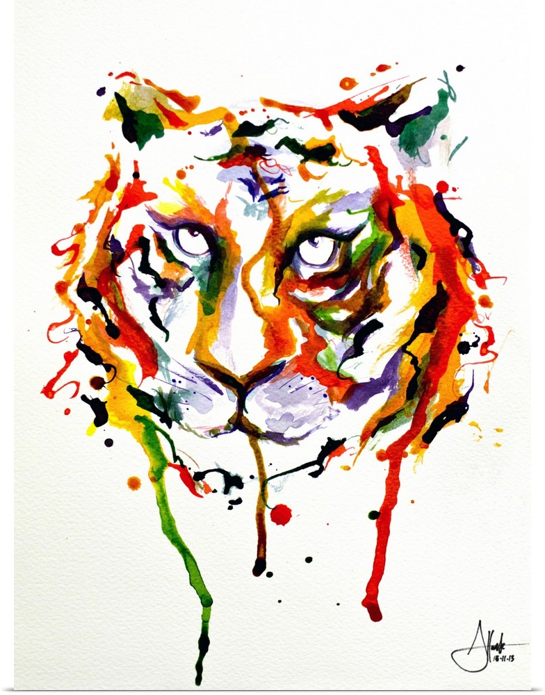 Watercolor and ink painting of the face of a tiger with a piercing gaze.