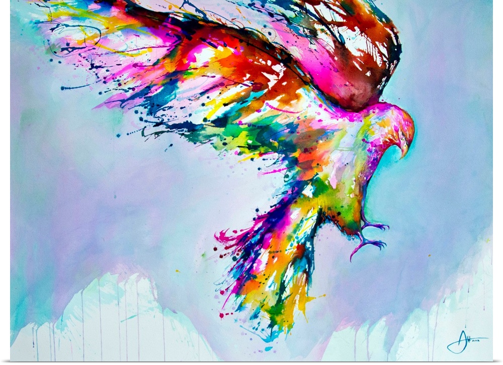 Watercolor and ink painting of a colorful bird in flight in the sky.