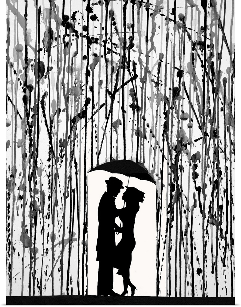 Ink painting of a silhouetted woman with an umbrella under splattered rain.