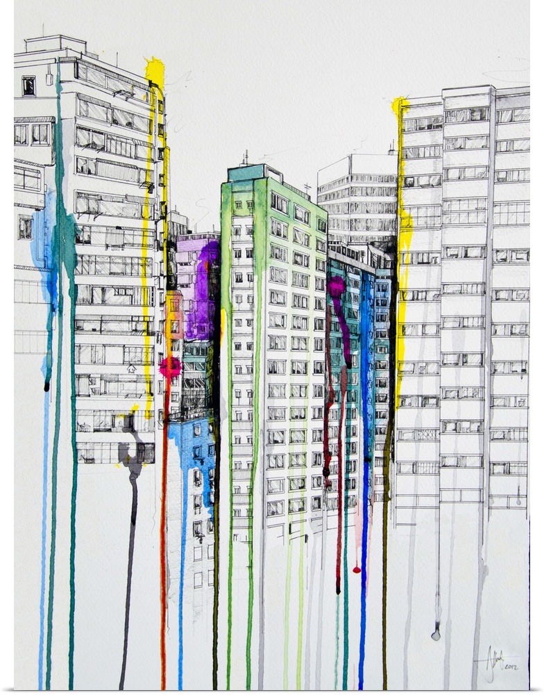 Watercolor and ink painting of several tall buildings in a city with small splashes of color.