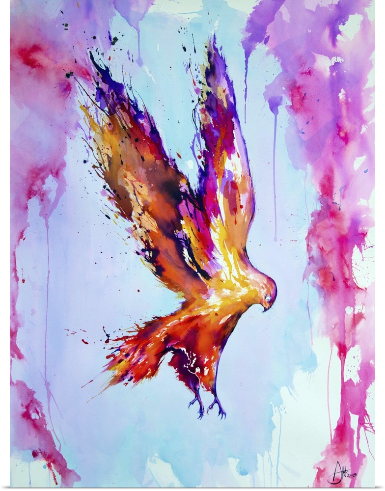 Watercolor and ink painting of a glowing orange bird in flight.