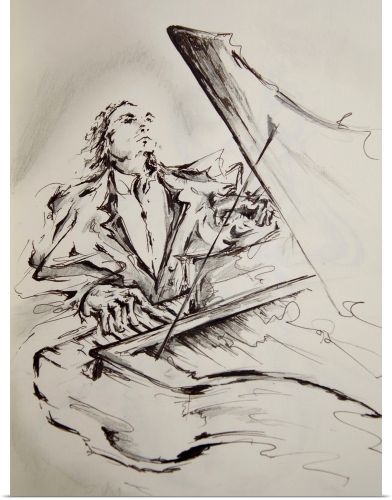 Ink painting of a man in a tuxedo playing a grand piano.