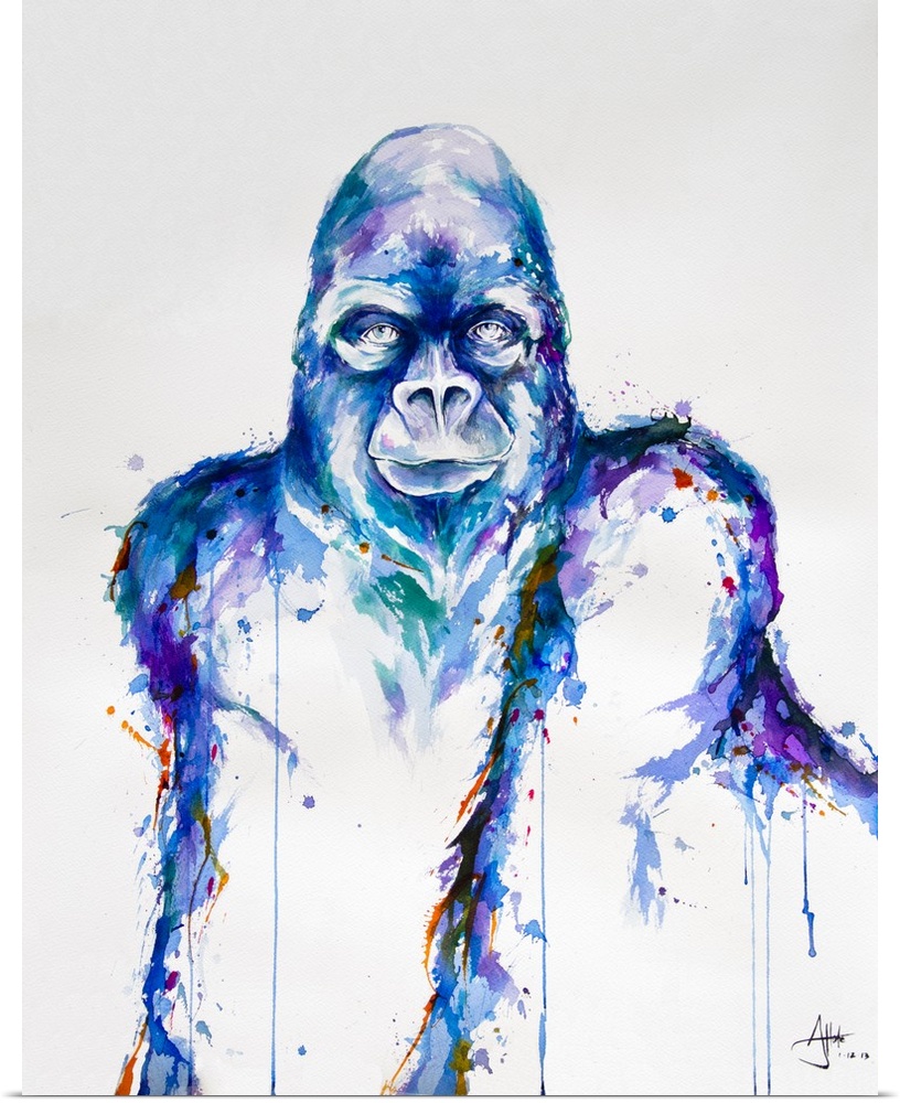 Watercolor and ink painting of a gorilla made of blue paint splashes.
