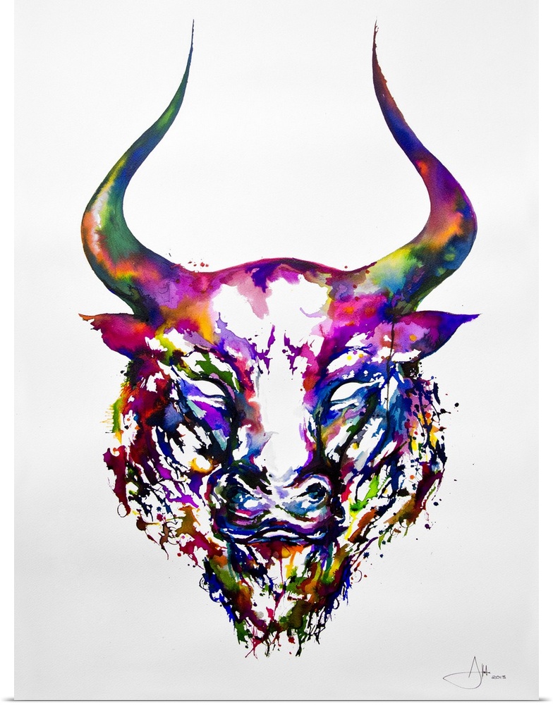 Watercolor and ink painting of the head of a bull with large horns.