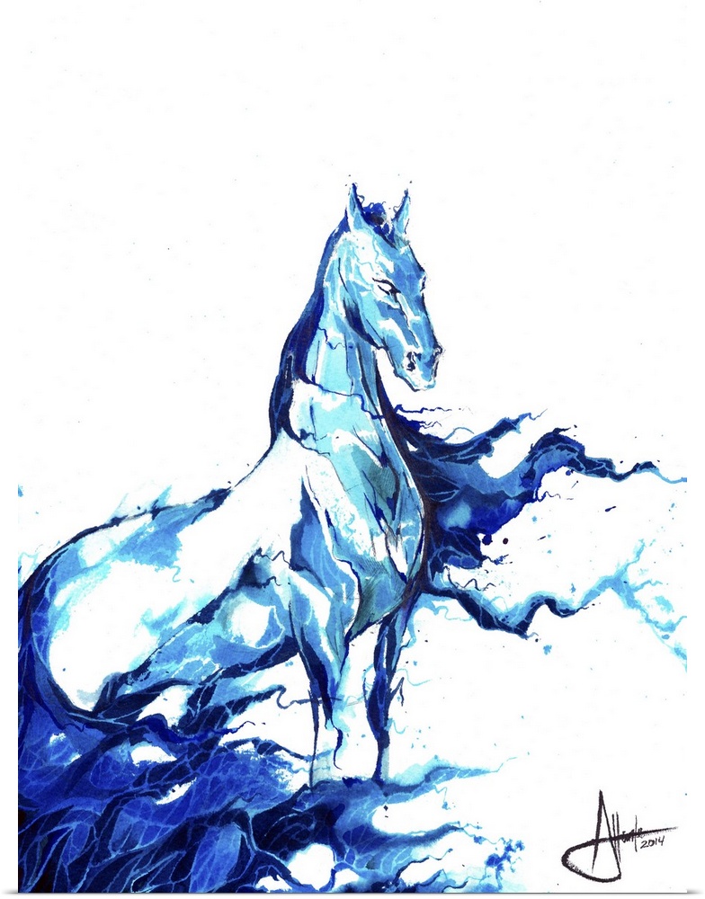 Watercolor and ink painting of a horse that appears to be made from the sea.