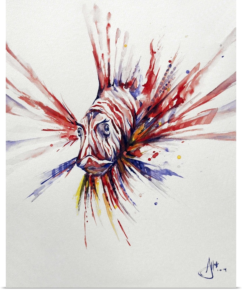 Watercolor and ink painting of a striped  lionfish with large, pointed fins.