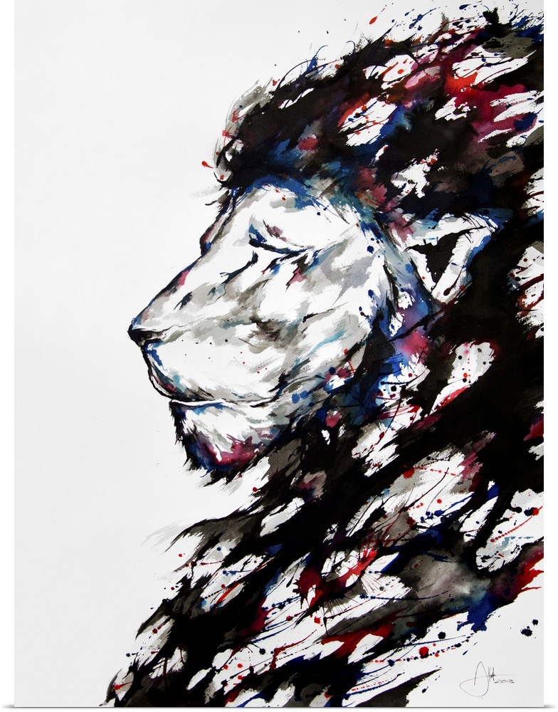 Watercolor and ink painting of a lion's face with a large mane, in profile.