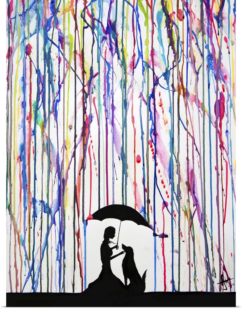 Watercolor and ink painting of a silhouetted woman and a dog under an umbrella in the rain.
